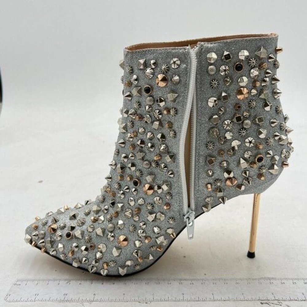 FSJ Silver High Heel Ankle Boots Rivets Closed Pointed Toe Stilettos Zipper Shoe - Picture 3 of 8